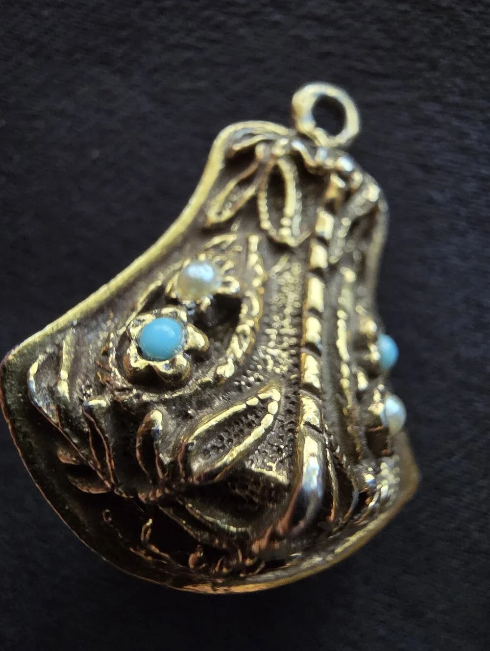 Florenza Gold Tone Bell & Lantern Pendant Charm Set Faux Turquoise Faux Pearl